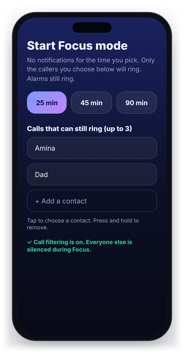 The Focus screen with allowed callers shown by name