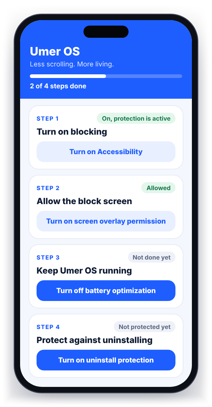 The Umer OS setup screen with four steps